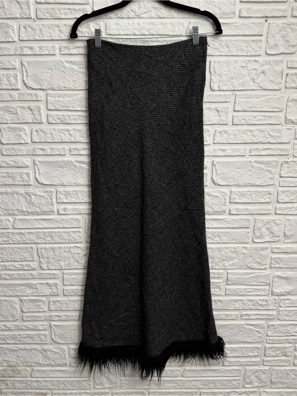 Ravioli Gray Knit Maxi Skirt Black Faux Fur Trim Hem Size Small Whimsigoth